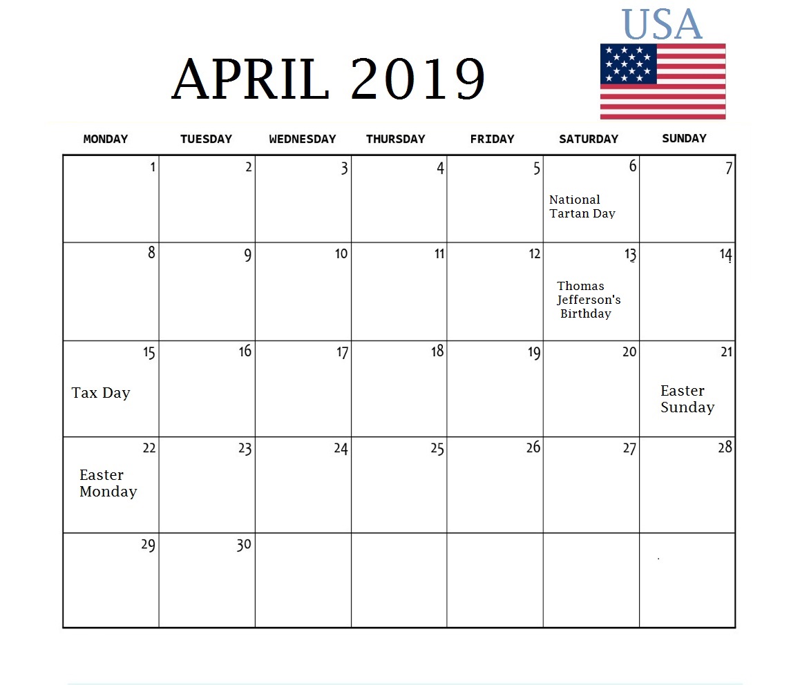 April 2019 Calendar With Holidays USA
