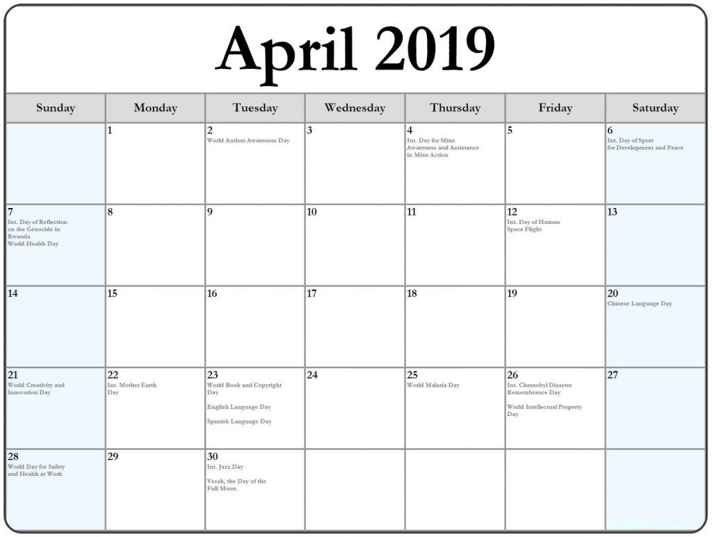 April 2019 Holidays Calendar