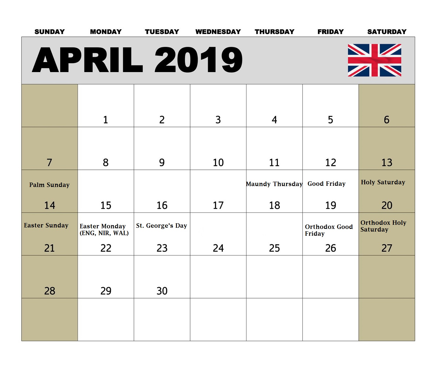 April 2019 UK Holidays Calendar