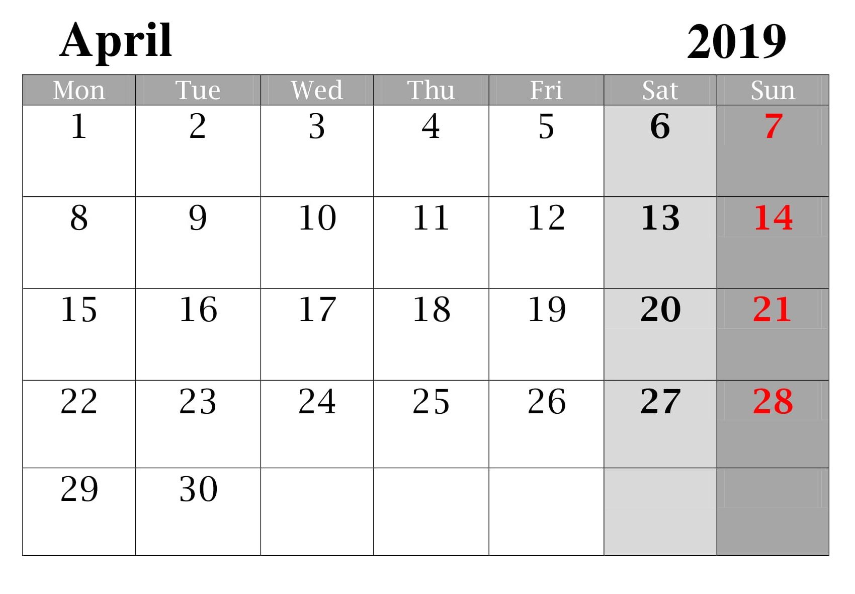 Blank April 2019 Calendar Word