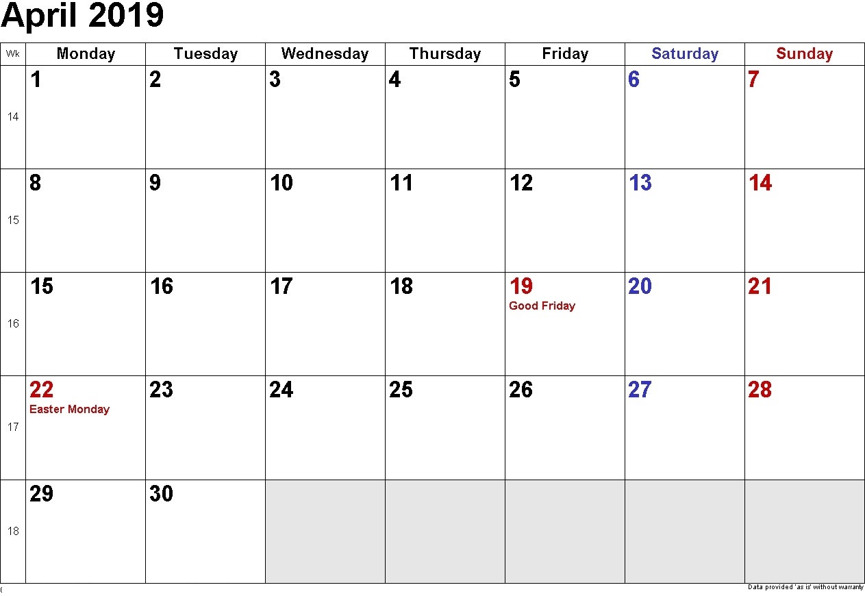 Blank Calendar April 2019 Printable