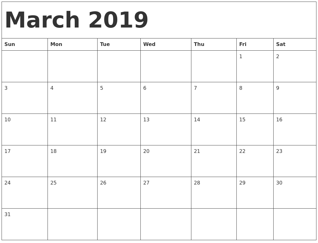 Blank Calendar March 2019 Printable