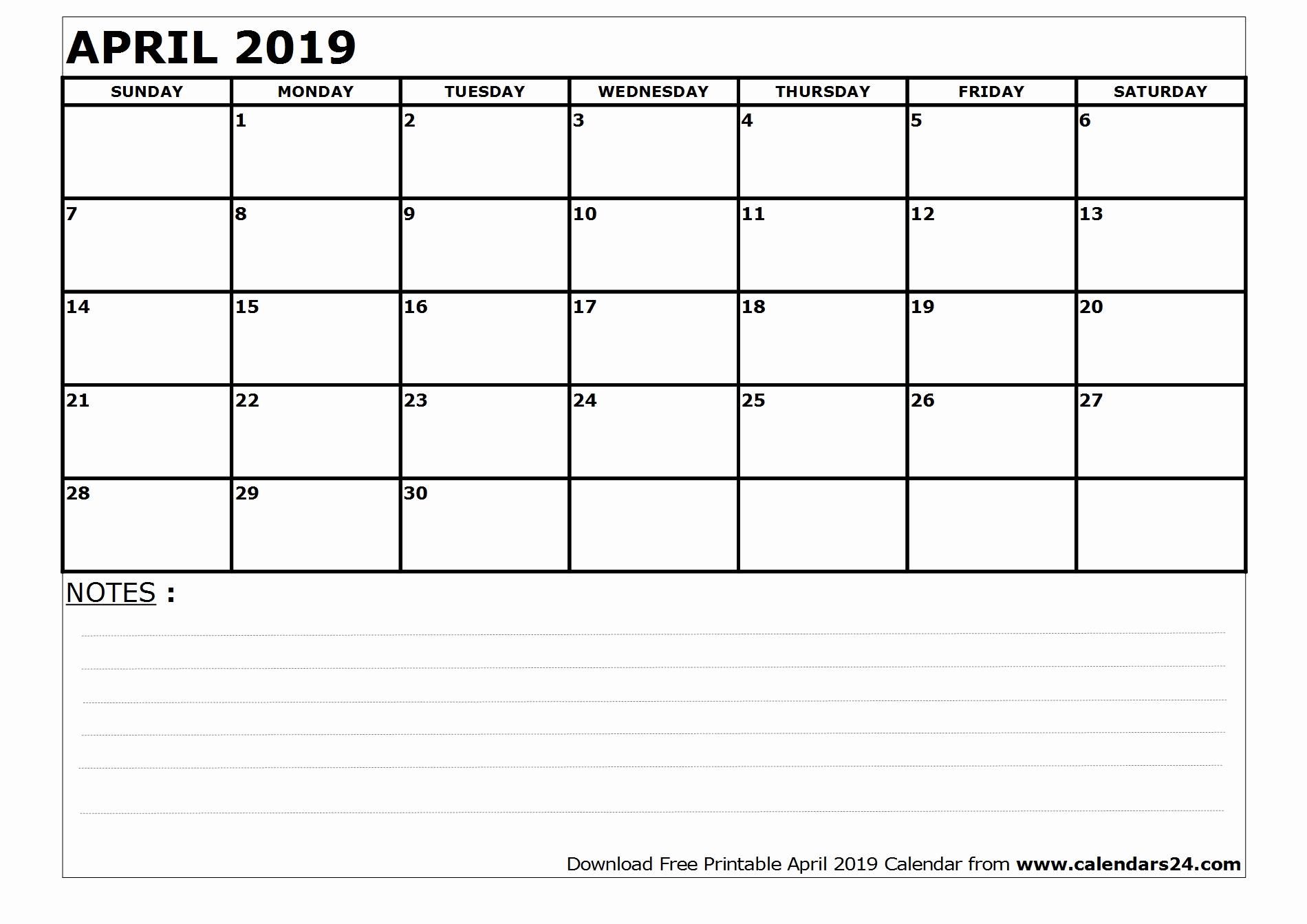 Blank Calendar Template April 2019
