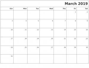 Printable March 2019 Blank Calendar Template Landscape and Portrait Format