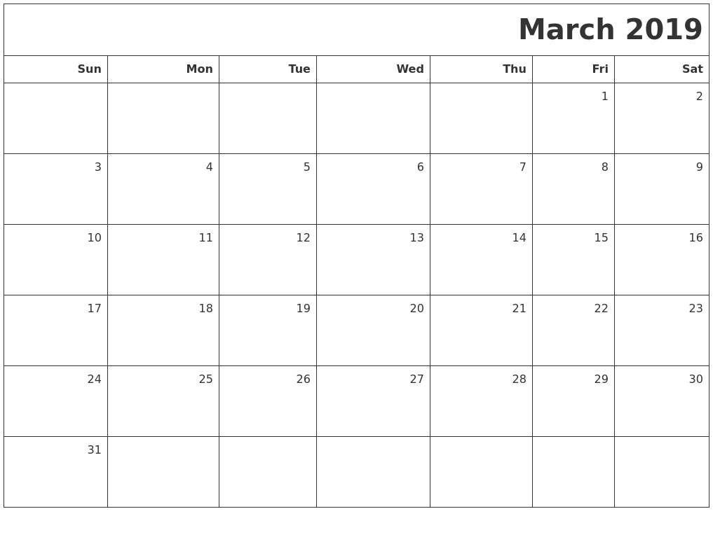 Blank Calendar Template March 2019