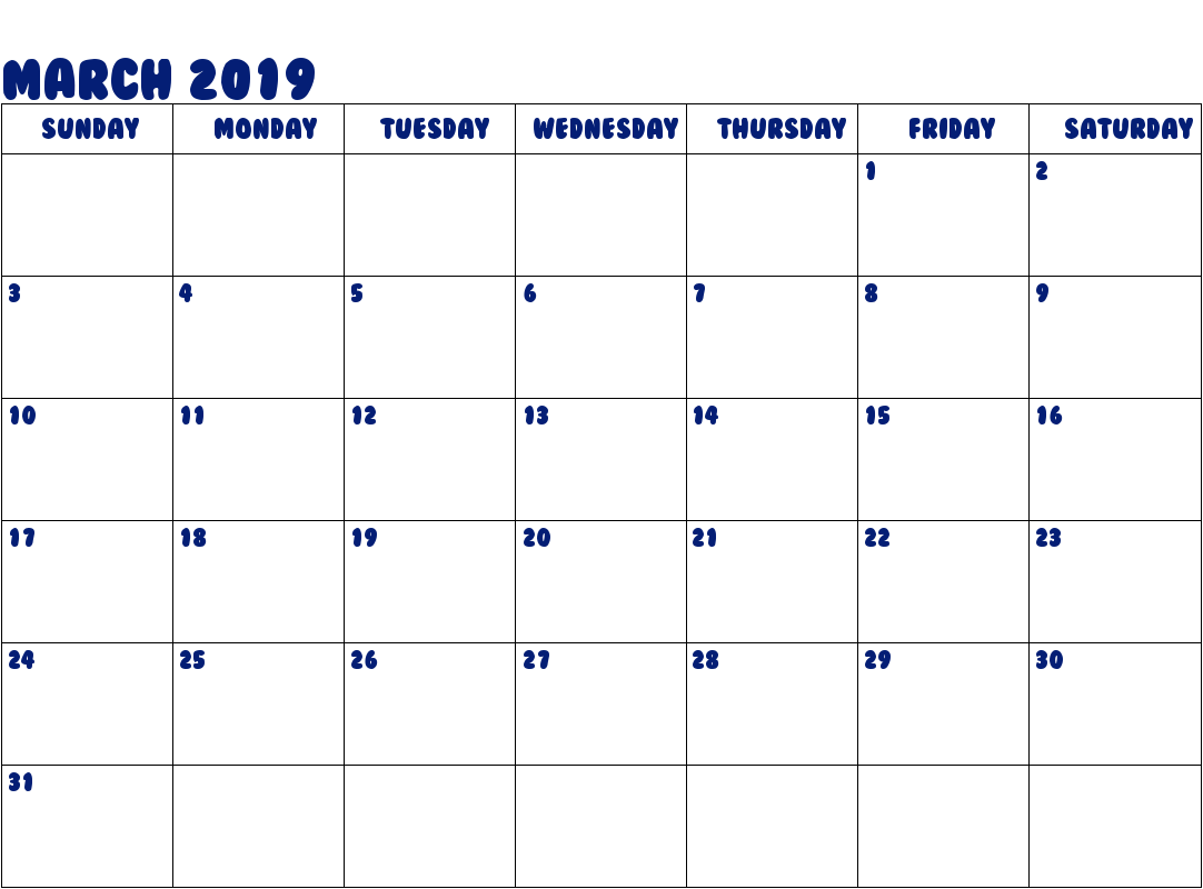 Blank March 2019 Calendar Template