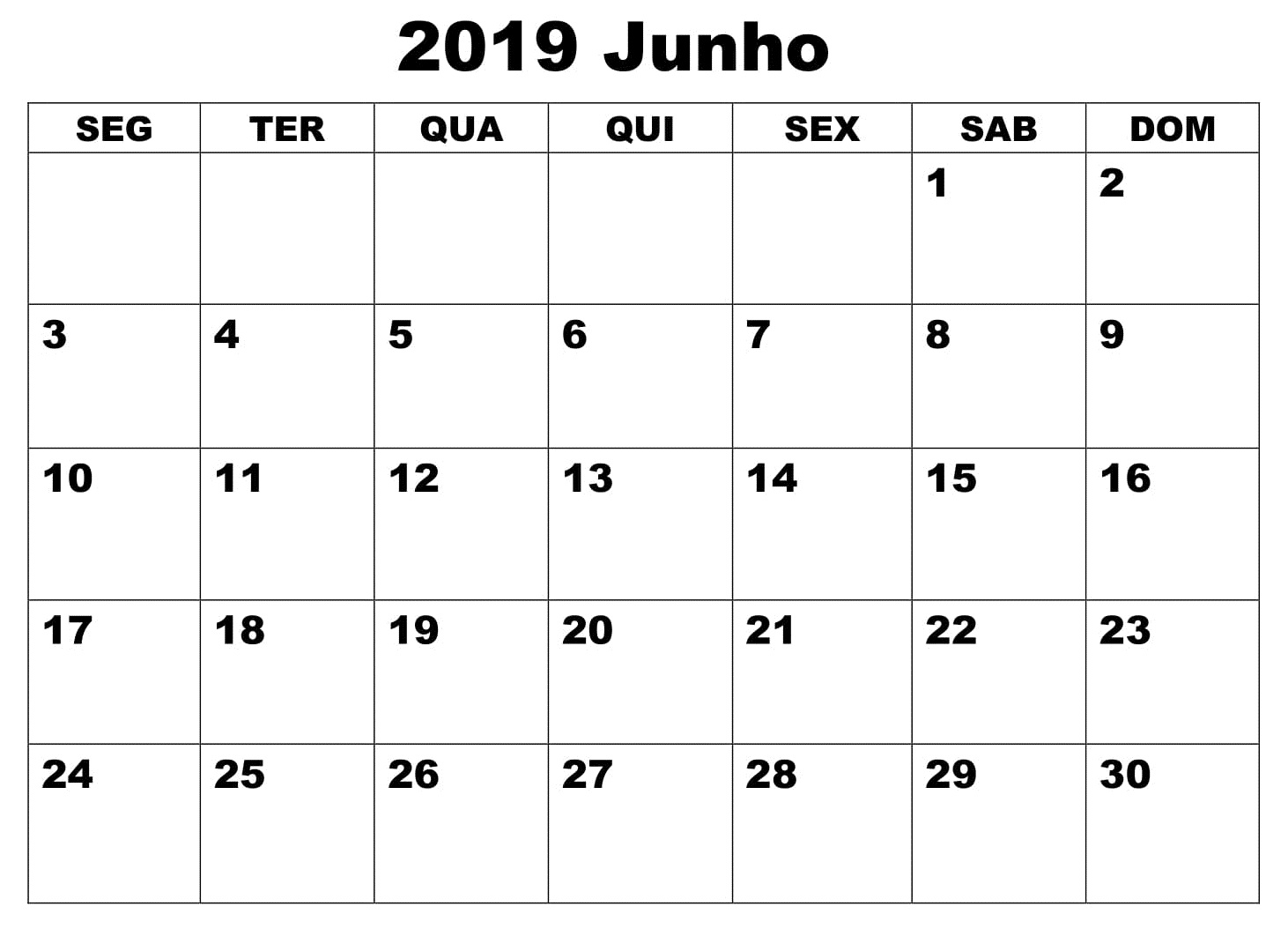 Calendário Junho 2019 Para Imprimir PDF, Excel, Word