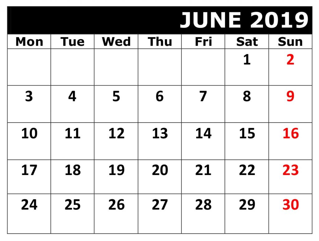 June 2019 Calendar Printable PDF, Excel, Word