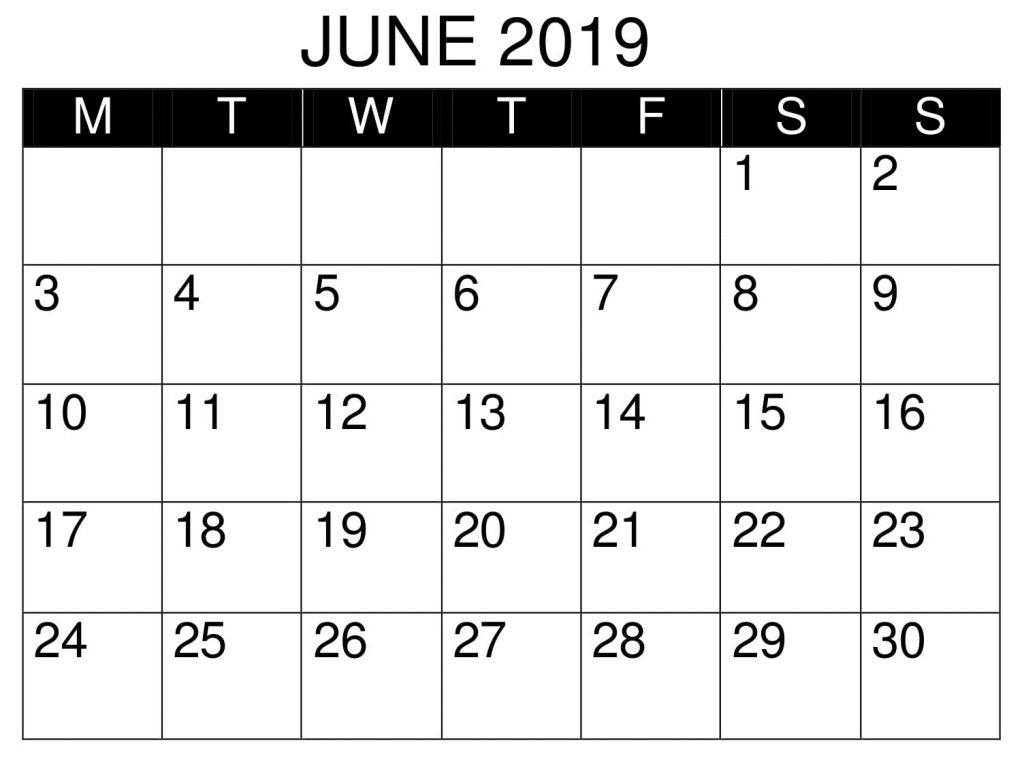 June 2019 Calendar Printable PDF, Excel, Word