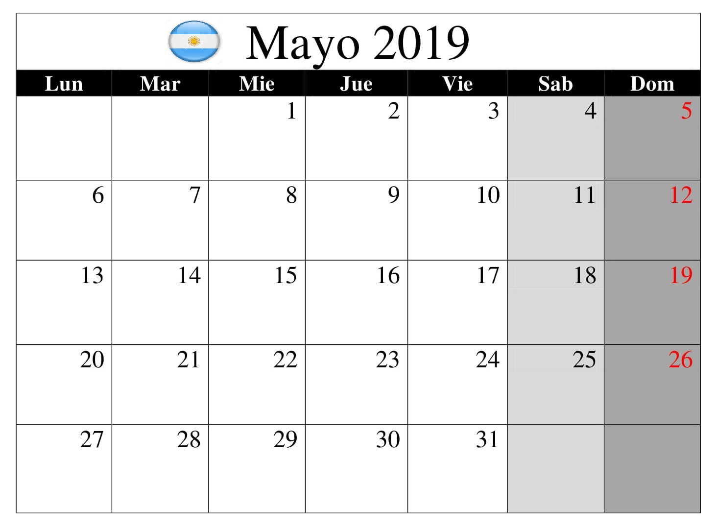 Calendario Argentina Mayo 2019 Word
