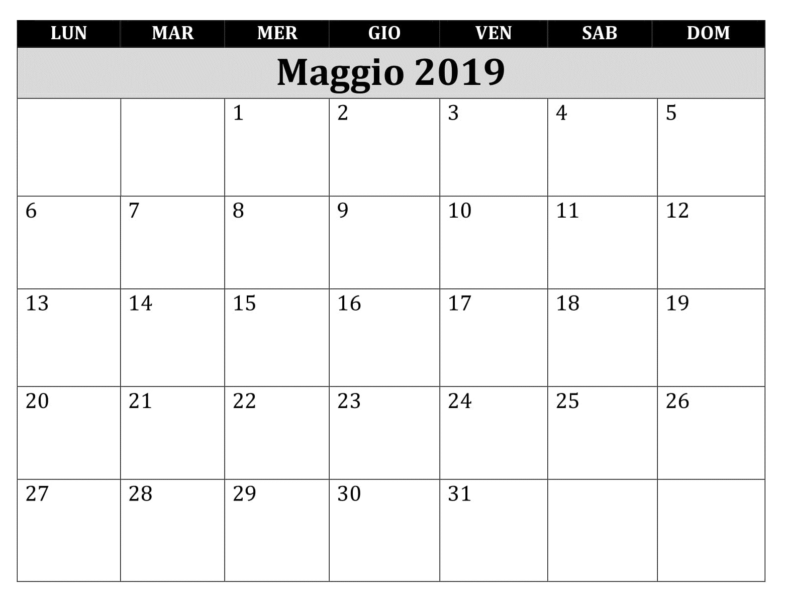 Calendario Maggio 2019 Excel