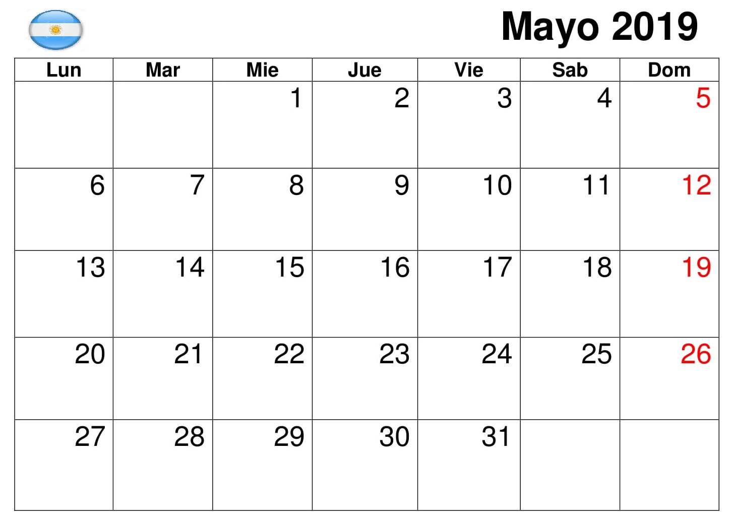 Calendario Mayo 2019 Editable Argentina