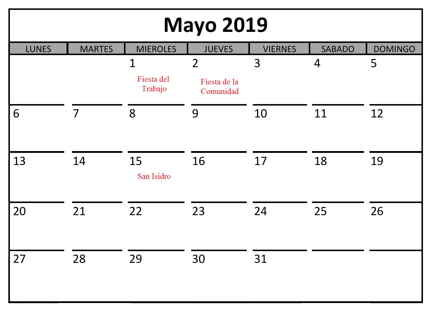 Calendario Mayo Con Festivos 2019 PDF