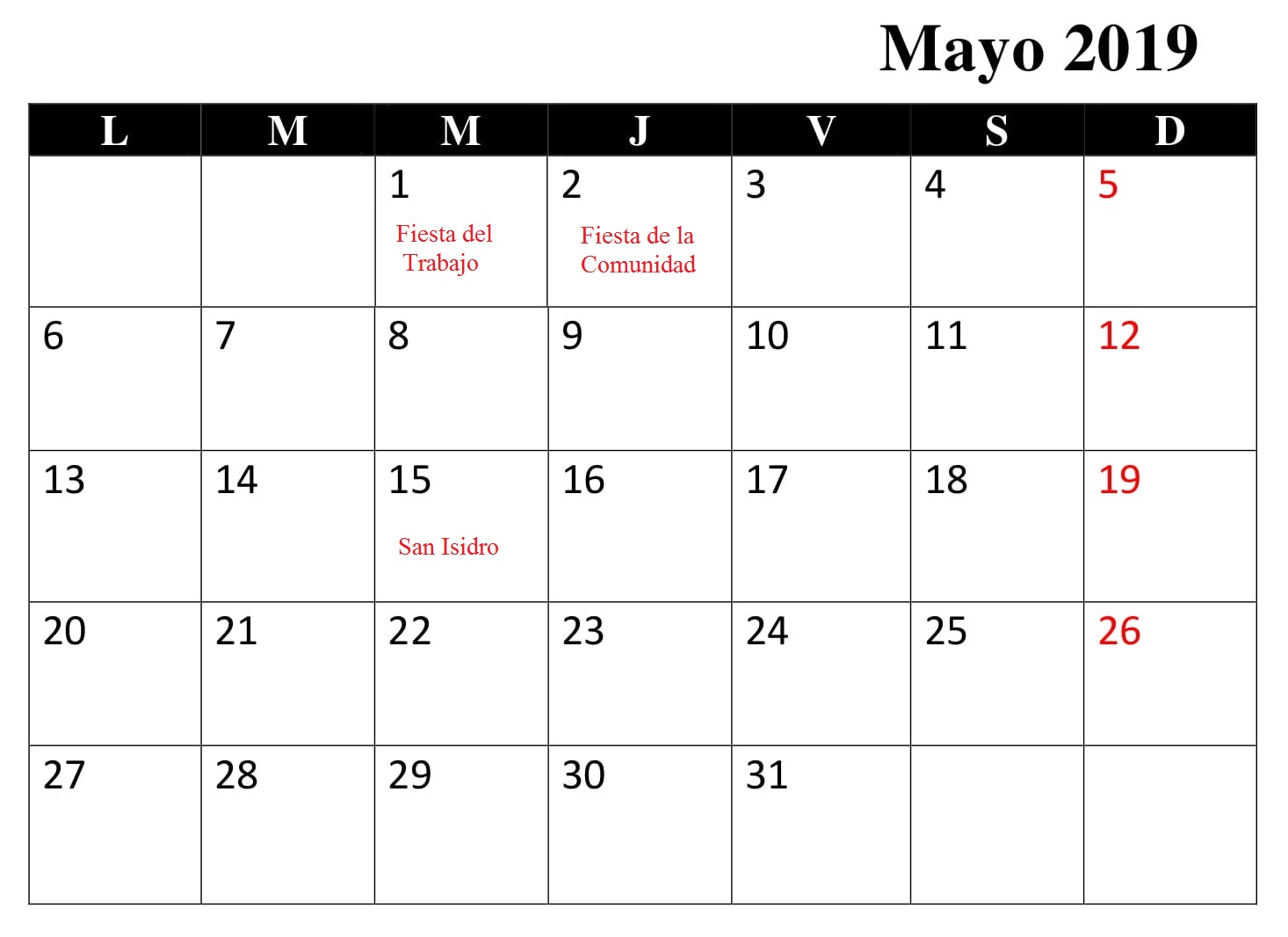 Calendario Mayo Con Festivos 2019 Word