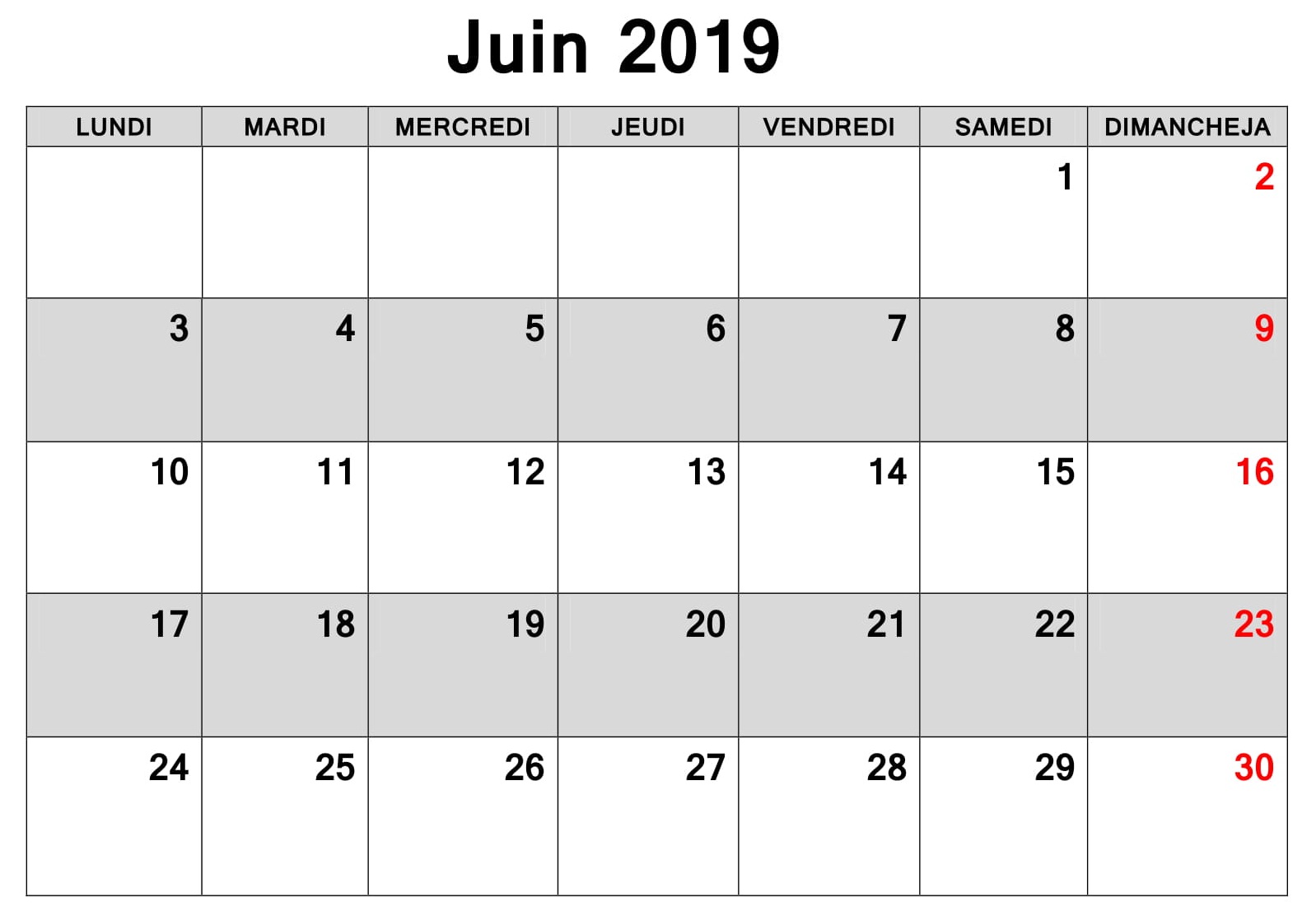 Calendrier Juin Mensuel 2019 À Imprimer