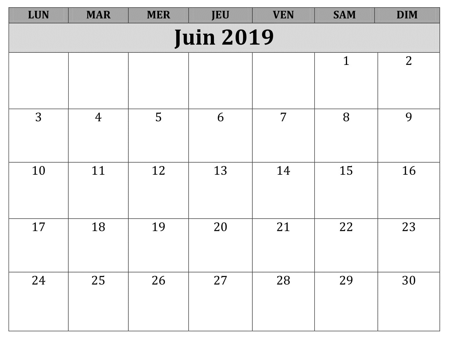 Calendrier Juin Mensuel 2019
