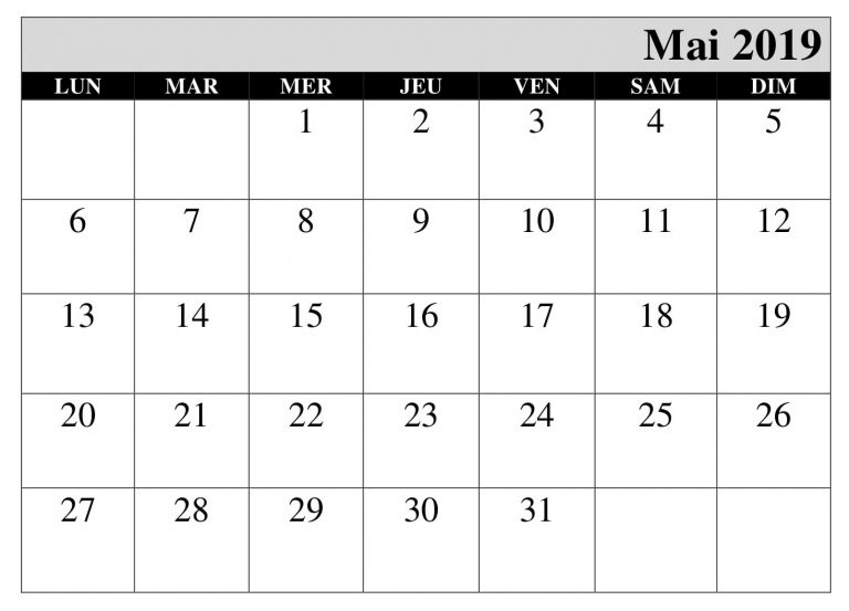 Gratuit Calendrier Mensuel Mai 2019 PDF