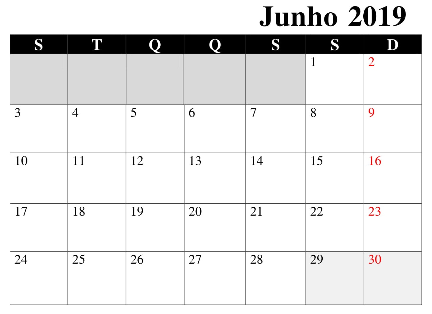Calendário Junho Imprimivel 2019