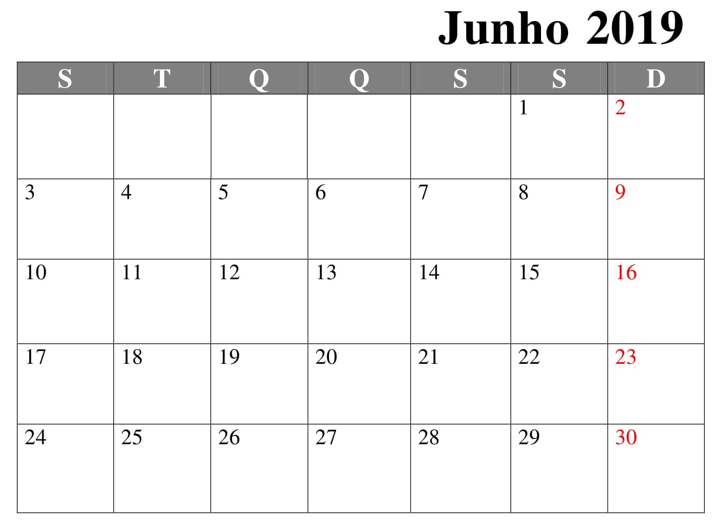 Calendário Junho Mesa 2019