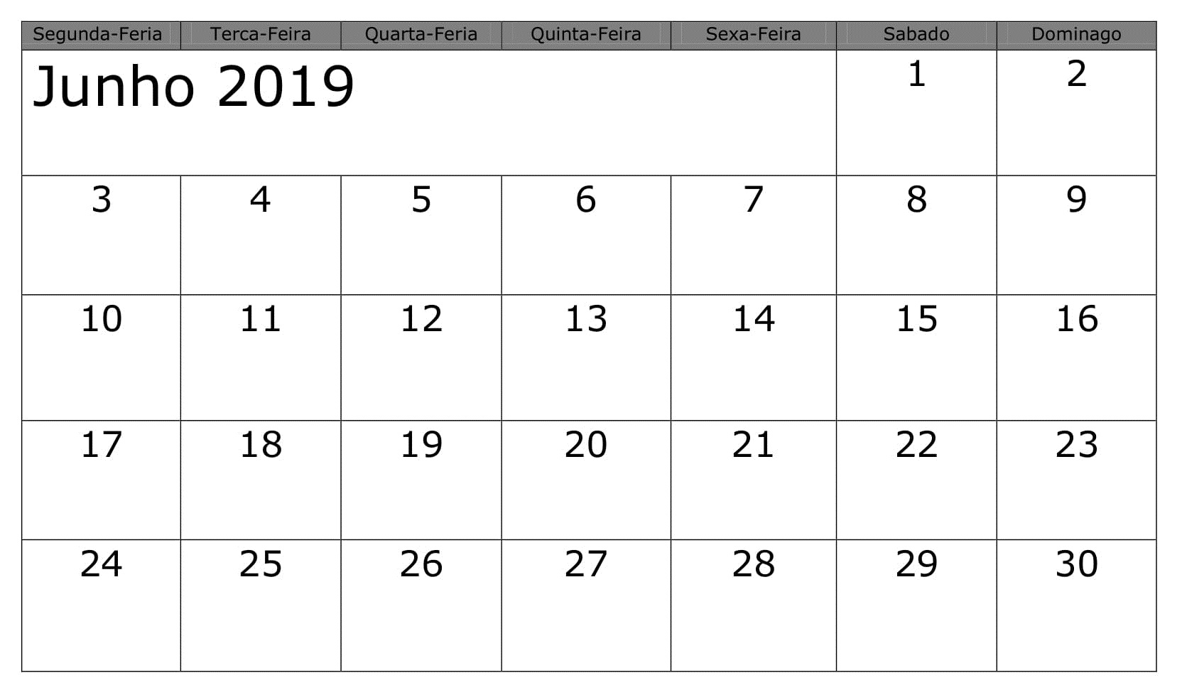 Calendário Junho Notas Para Imprimir 2019