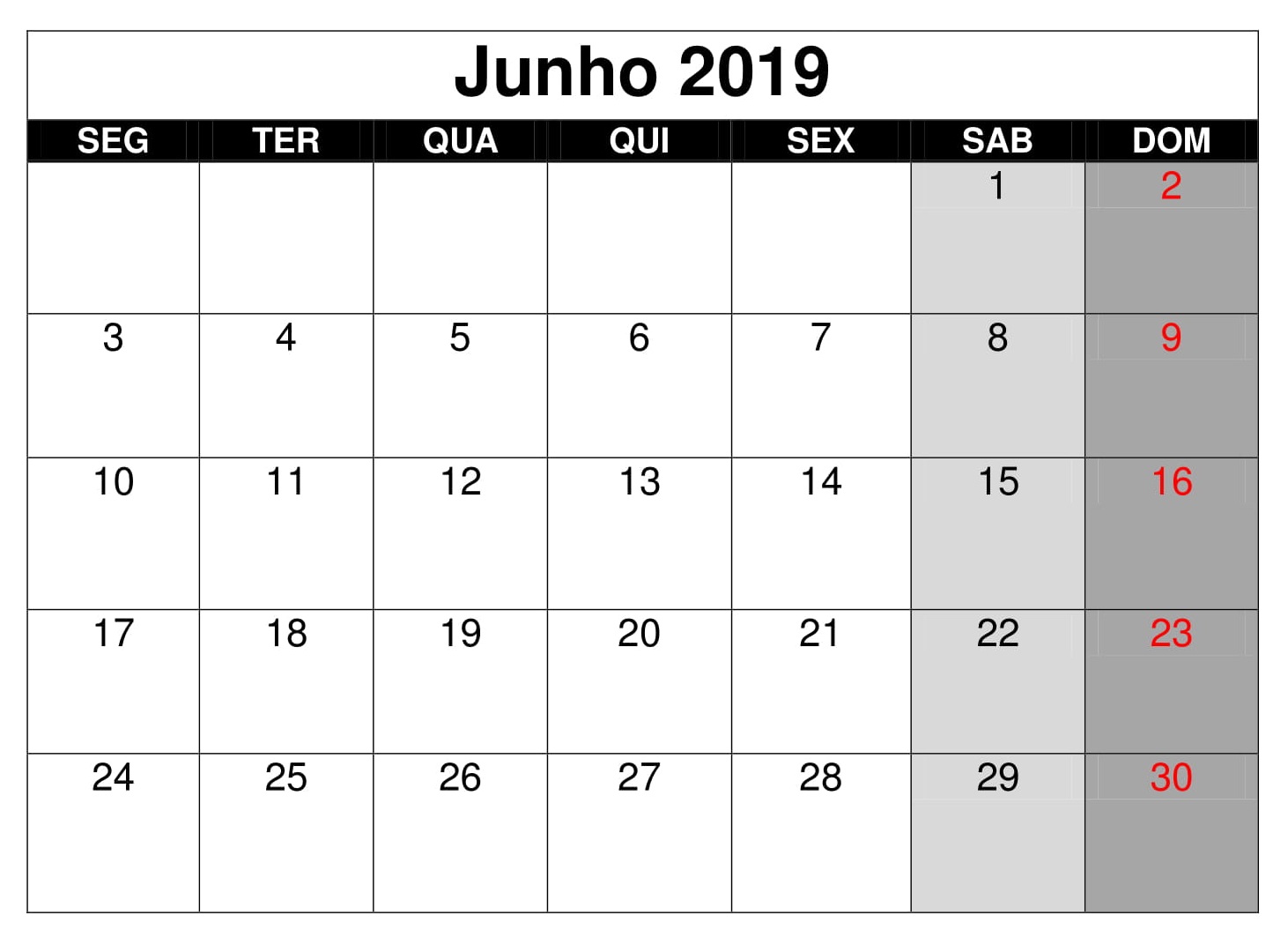 Calendário Junho Para Imprimir 2019 Excel