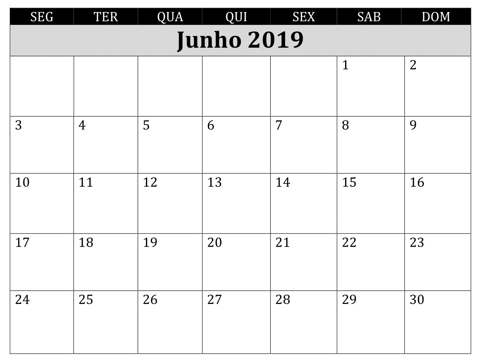 Calendário Junho Pormes 2019