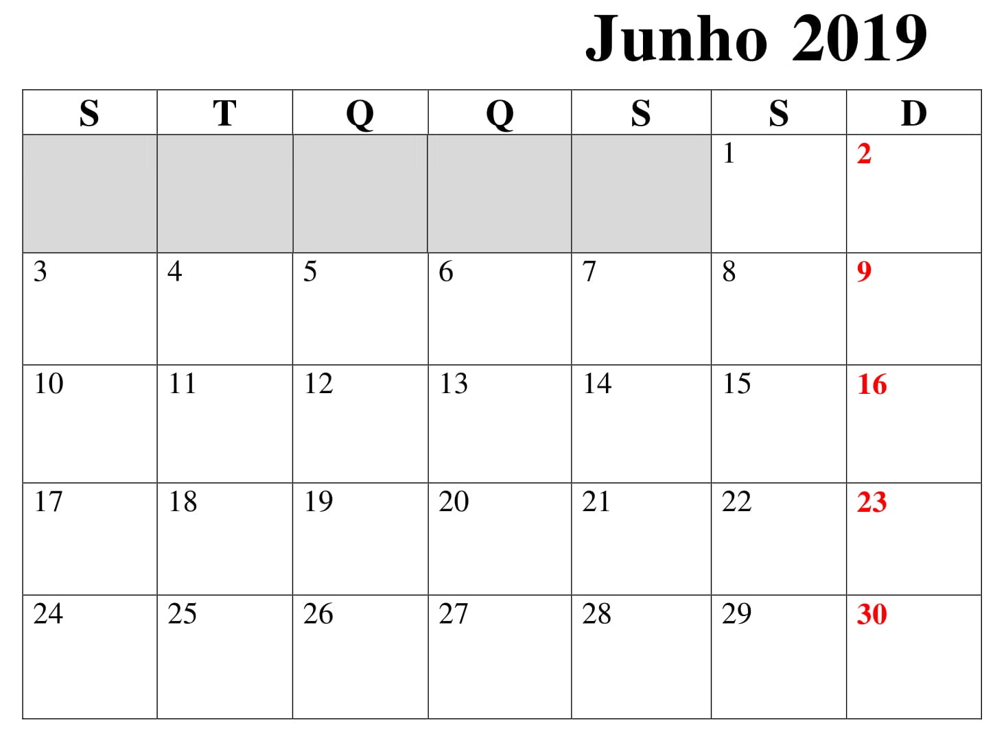 Calendário Junho Titulo 2019 Para Imprimir