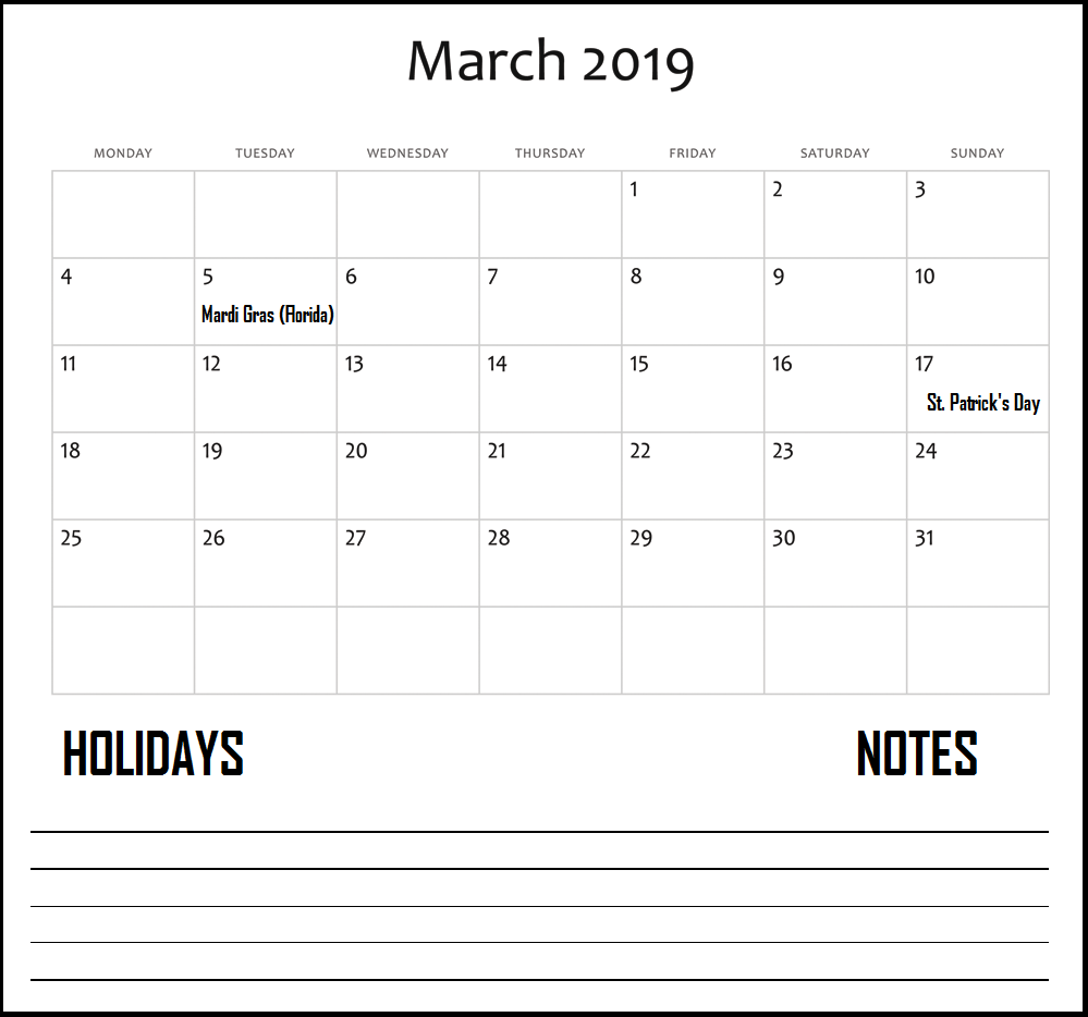 Canada Calendar For March 2019