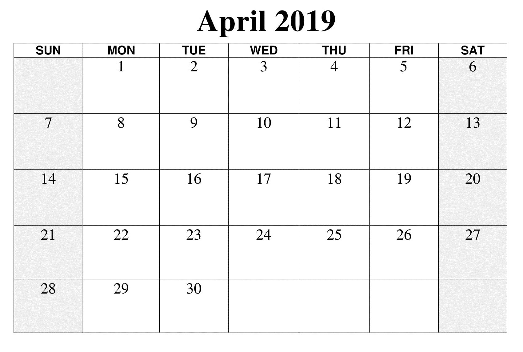Editable April 2019 Calendar Blank Template