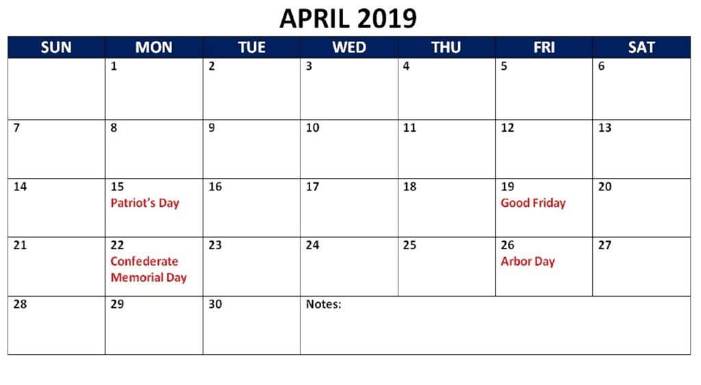 Editable April 2019 Calendar With Holidays