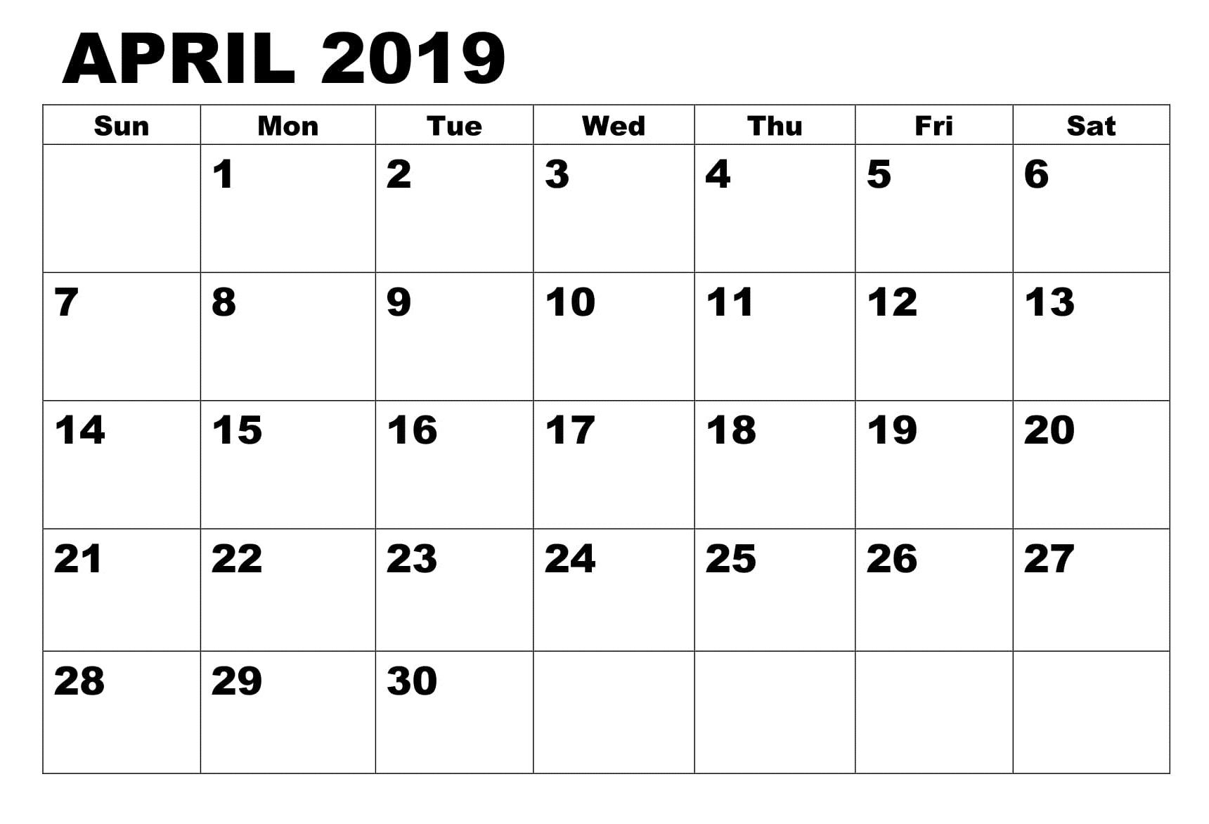 Editable April 2019 Printable Calendar