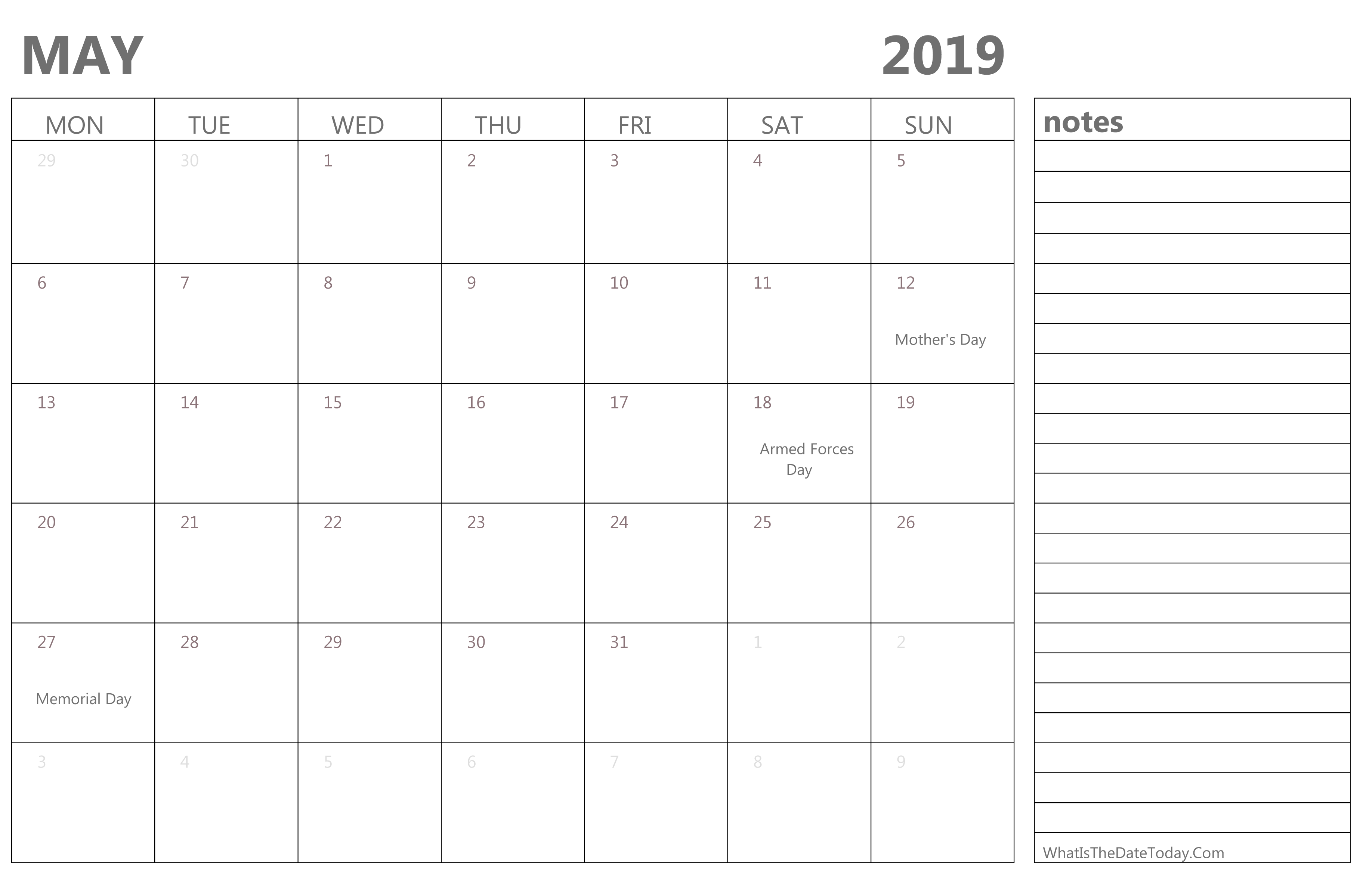 Editable May 2019 Calendar With Holidays