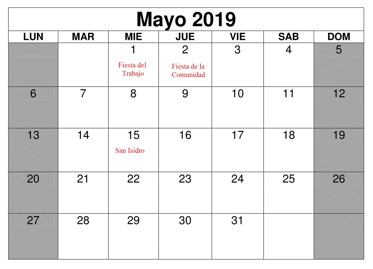 Gratis Mayo Calendario 2019 Con Festivos