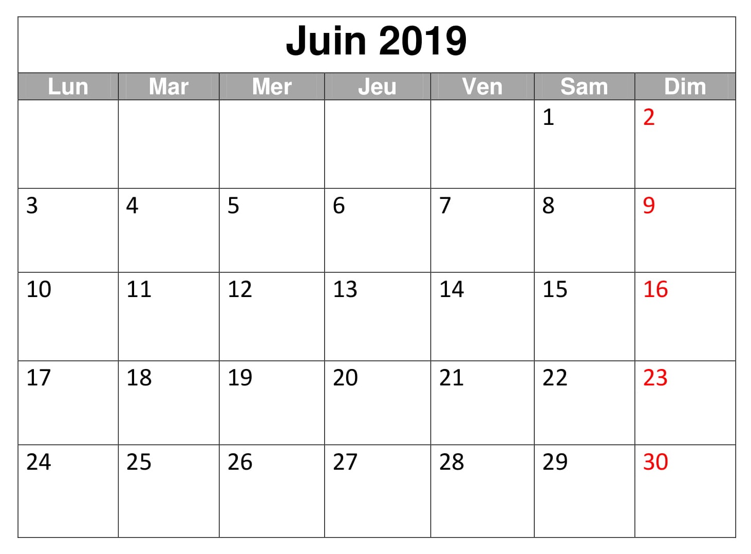 Juin Calendrier 2019 Document À Imprimer
