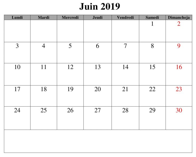 Calendrier Juin 2019 À Imprimer