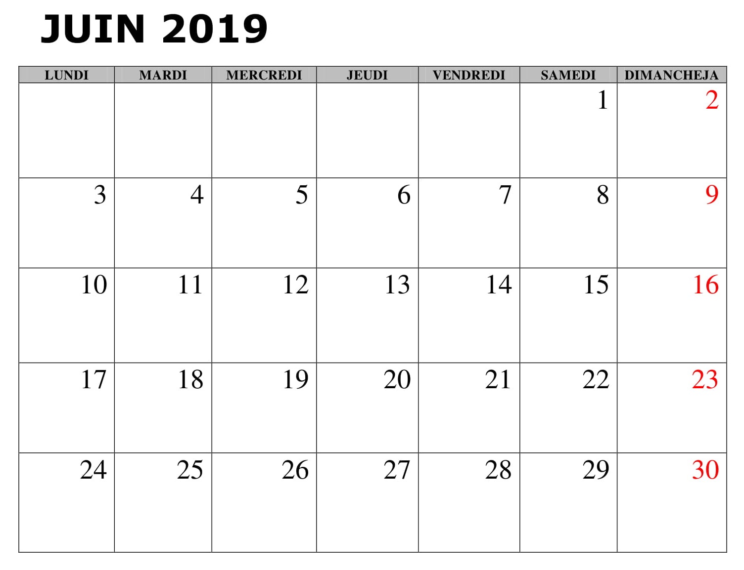Juin Calendrier Vacances 2019 À Imprimer