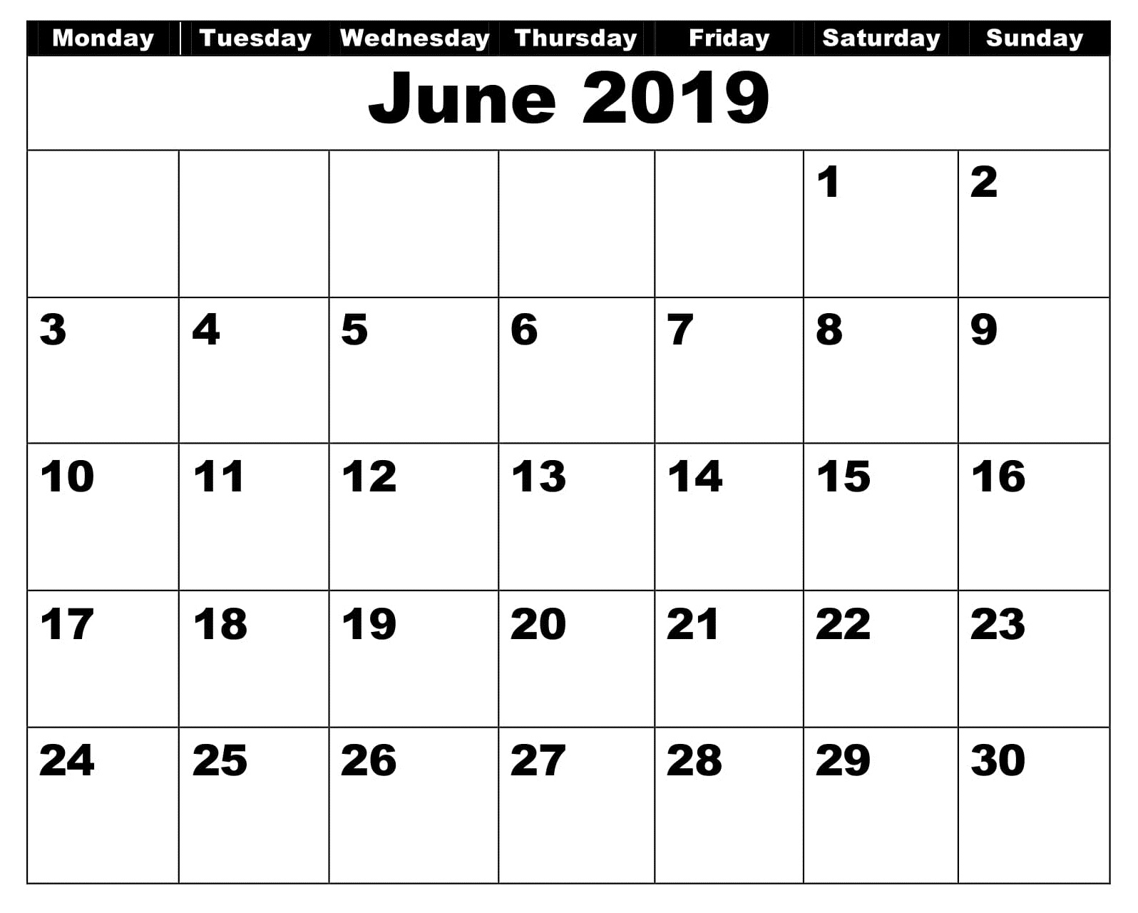 June 2019 Editable Calendar Printable