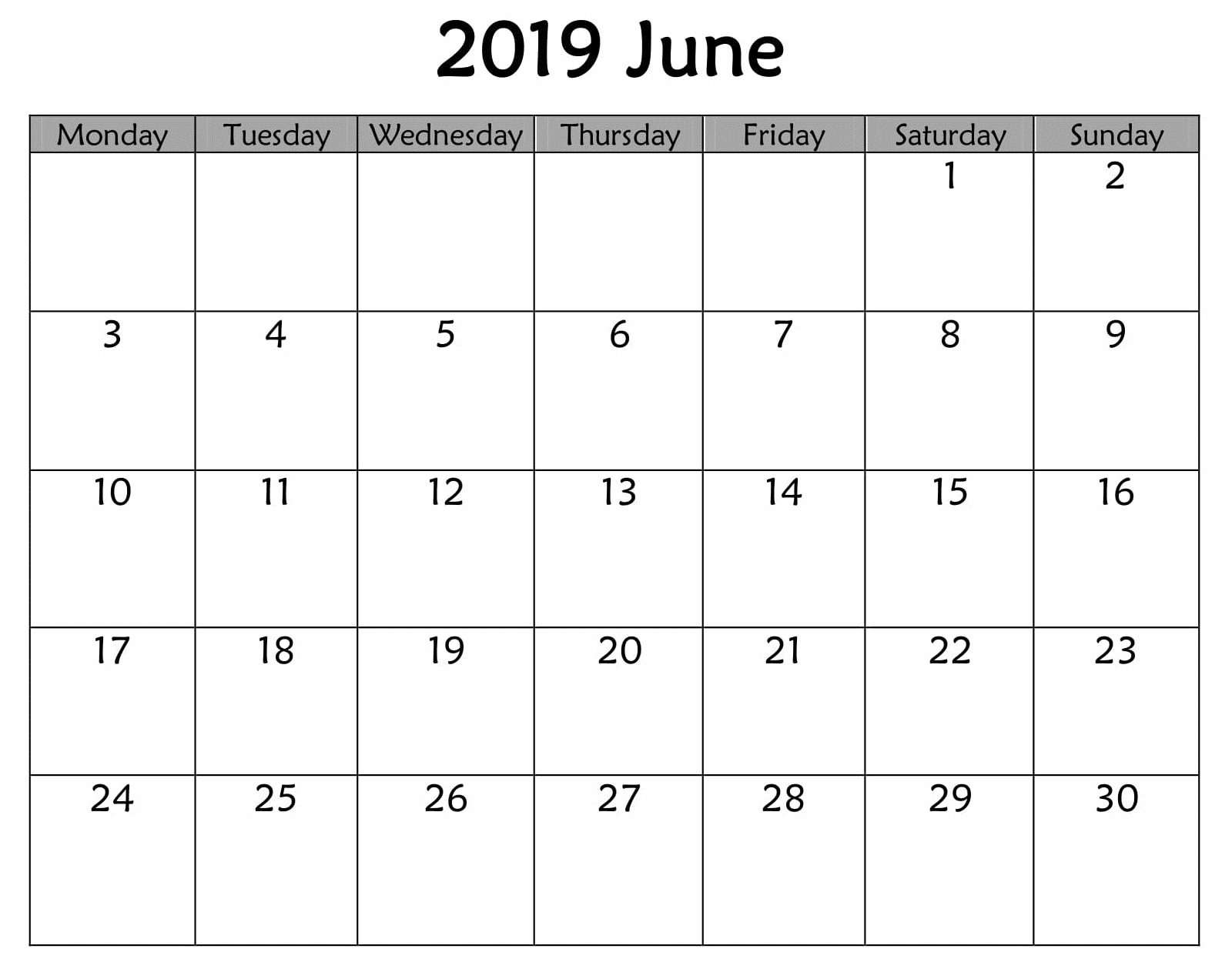 June 2019 Monthly Calendar Template