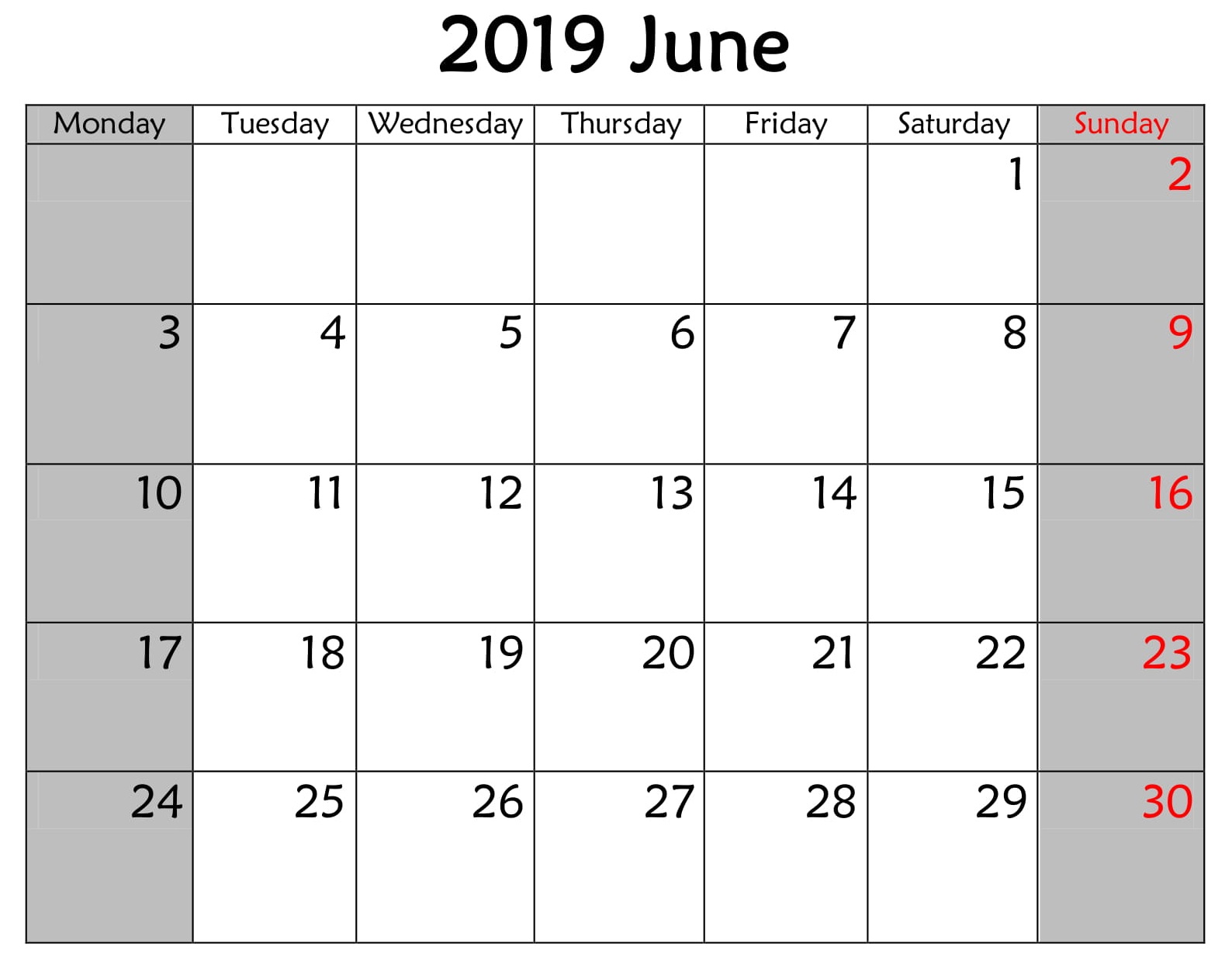 June Calendar 2019 Blank Template