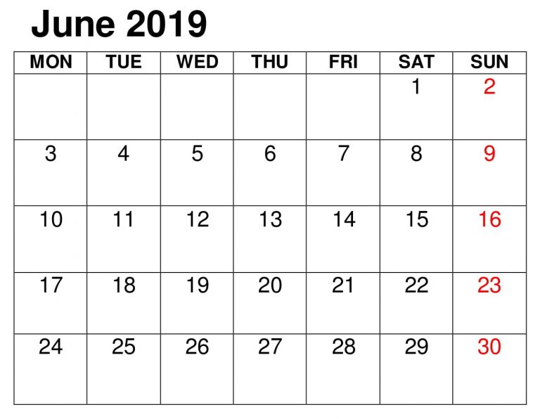 June 2019 Calendar Printable PDF, Excel, Word