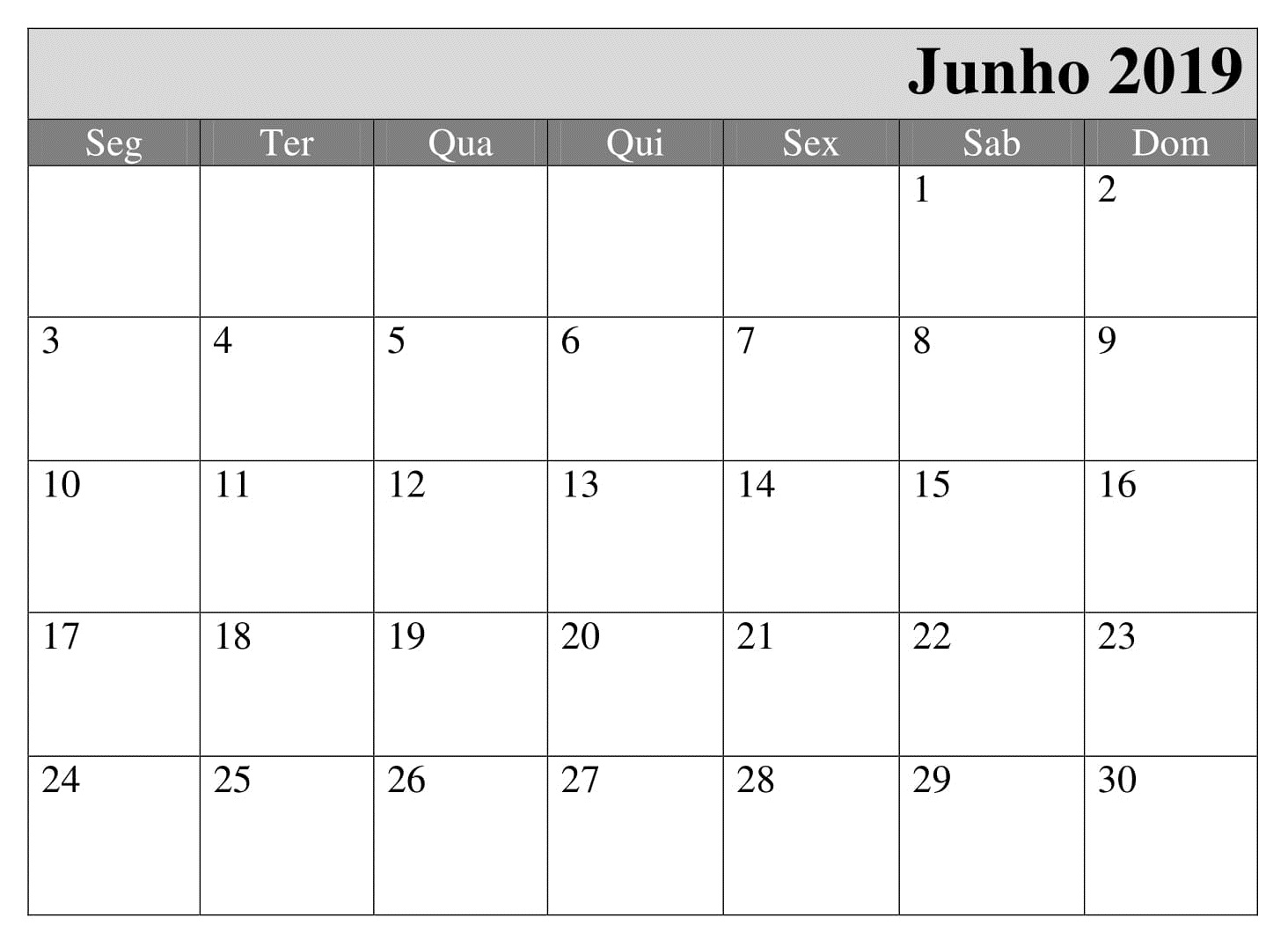 Calendário Junho 2019 Para Imprimir PDF, Excel, Word