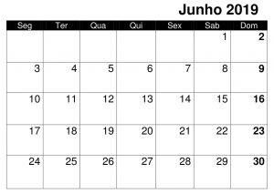 Calendário Junho 2019 Para Imprimir PDF, Excel, Word