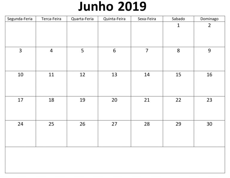 Calendário Junho 2019 Para Imprimir