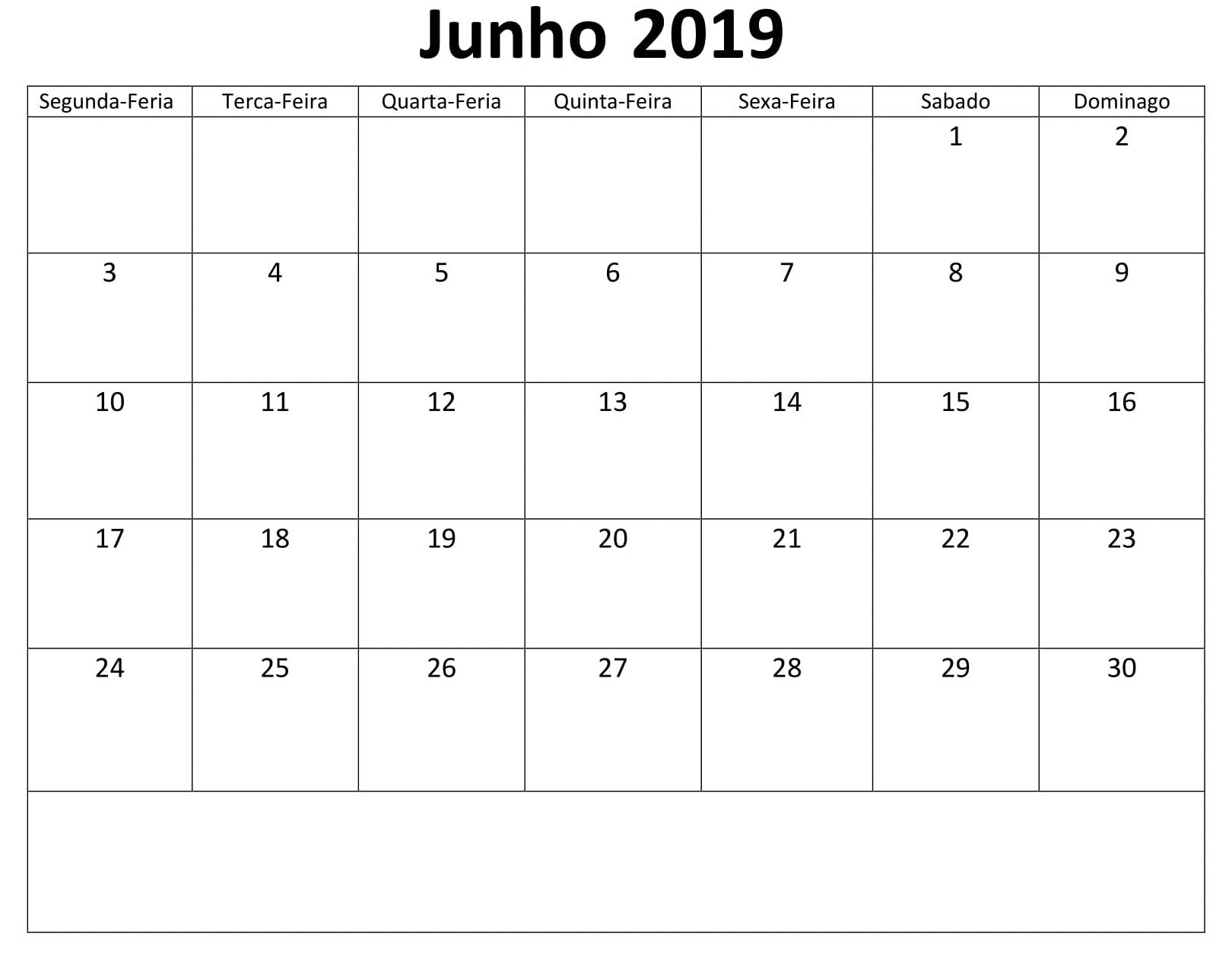 Calendário Junho 2019 Para Imprimir