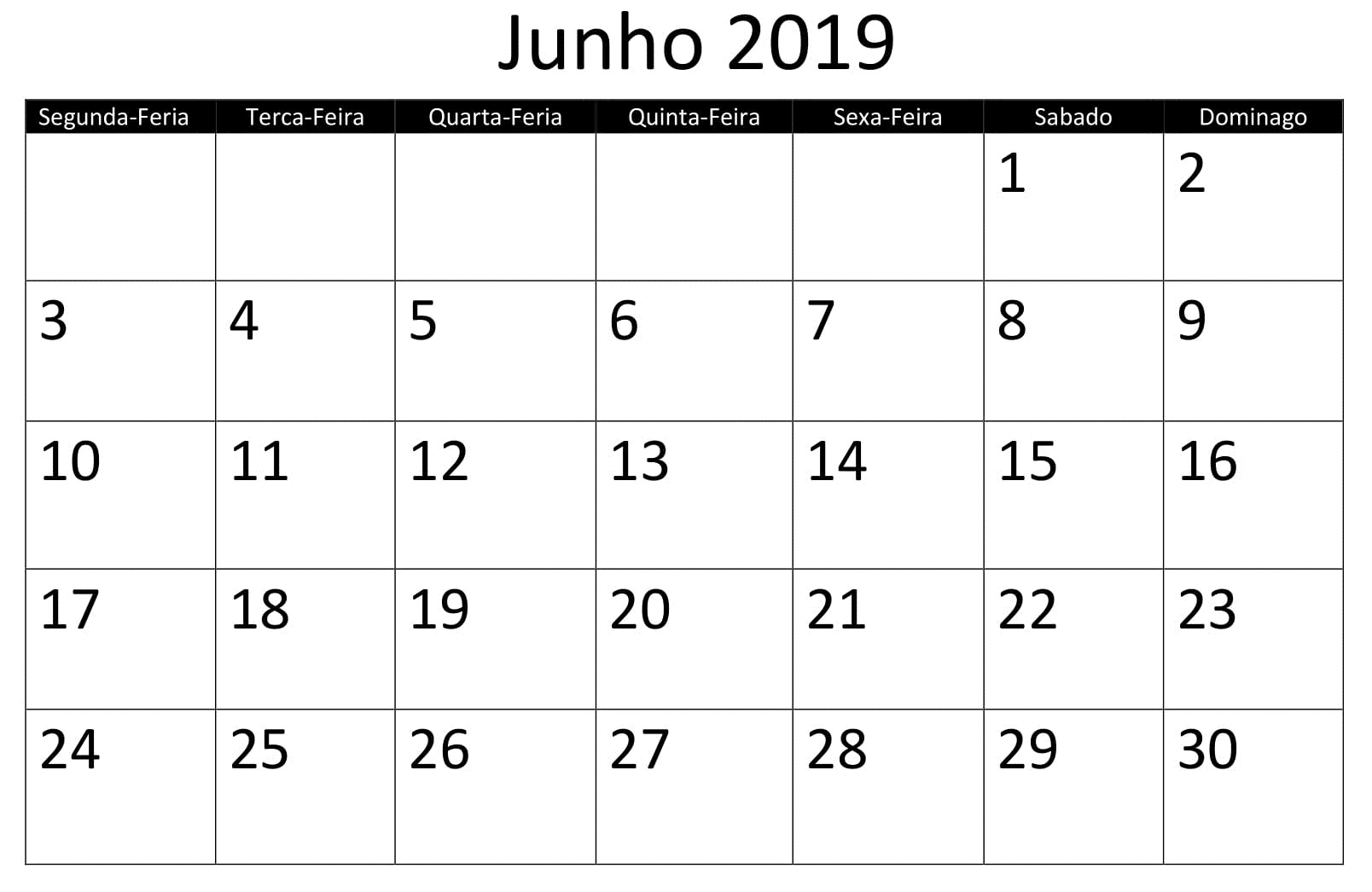 Junho Calendário 2019 Excel