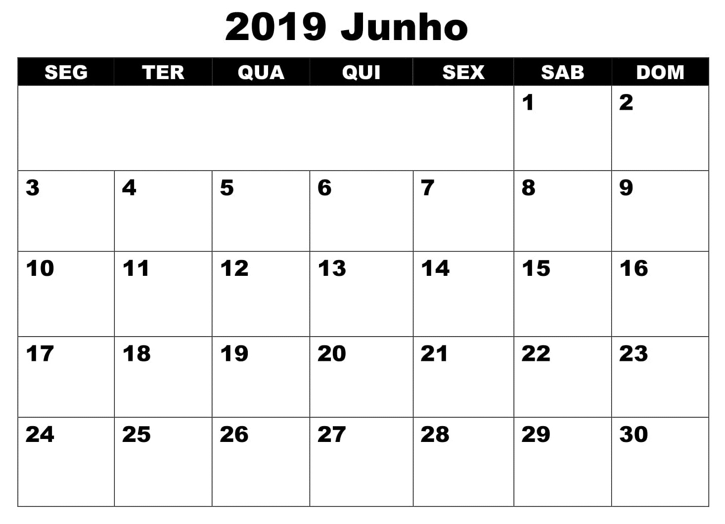 Junho Calendário 2019 Word