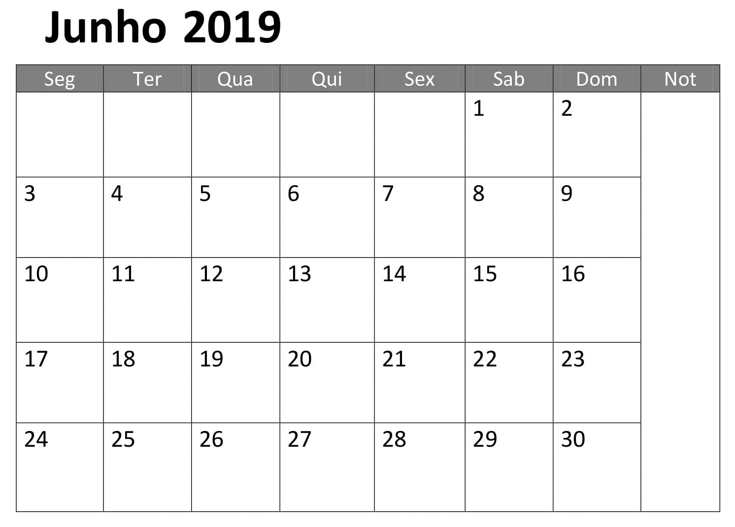Junho Calendário Mes 2019