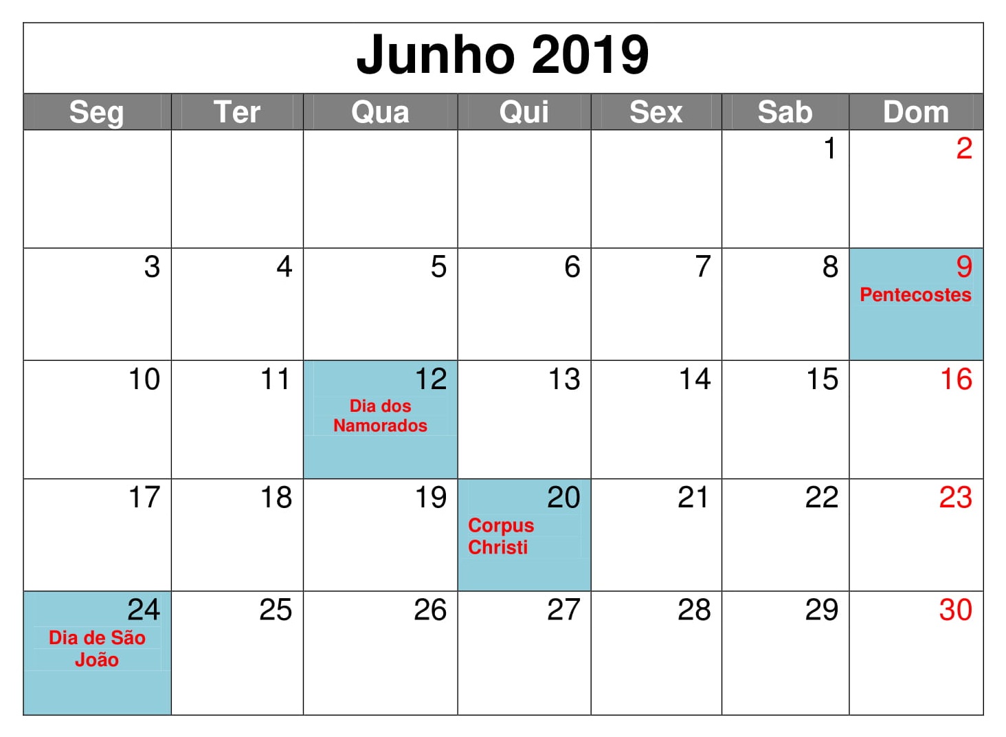 Junho Calendário Mesa 2019 Para Imprimir