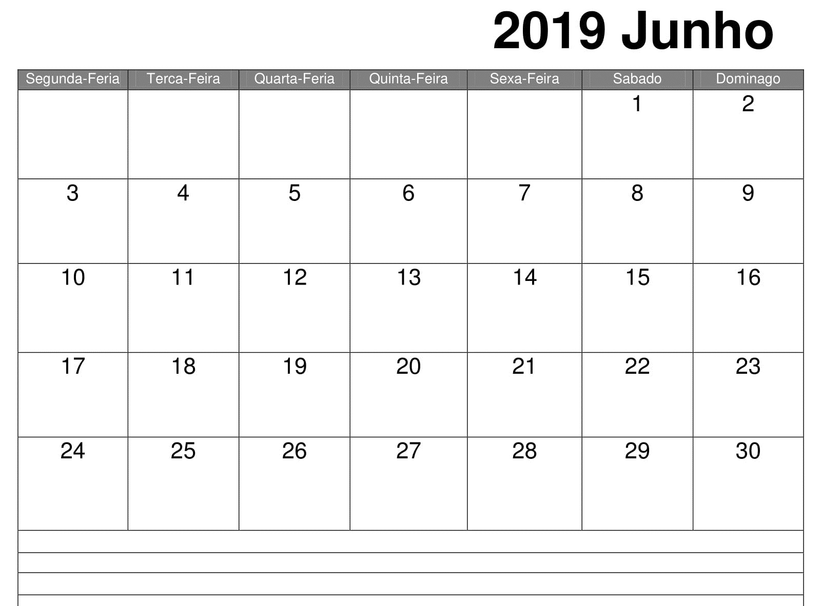 Junho Calendário Notas 2019