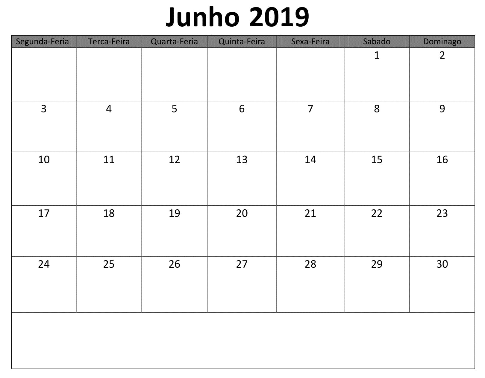 Junho Calendário Pormes 2019 Para Imprimir
